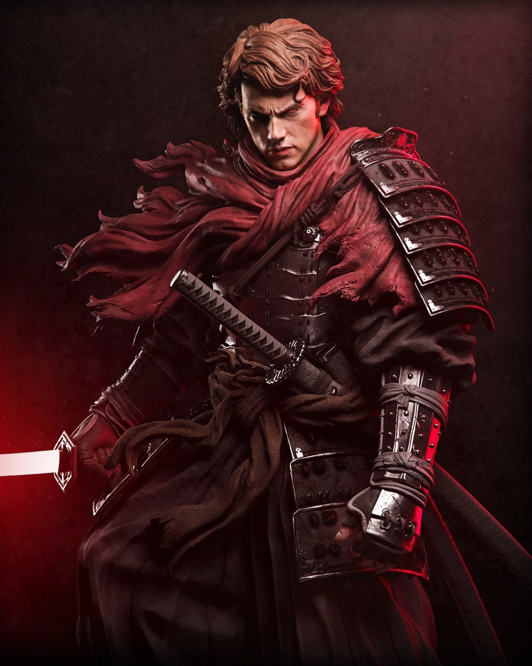 Anakin Skywalker samurai ronin resin statue, front upper-body view with red blade - 3D2Y Shop