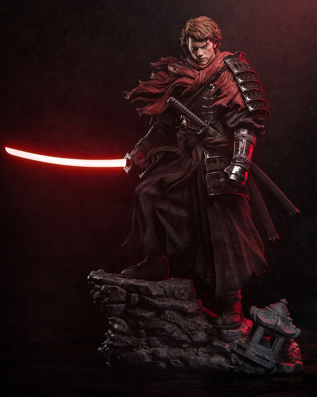 Anakin Ronin Star Wars resin statue, full view with red blade on rocky base - 3D2Y Shop