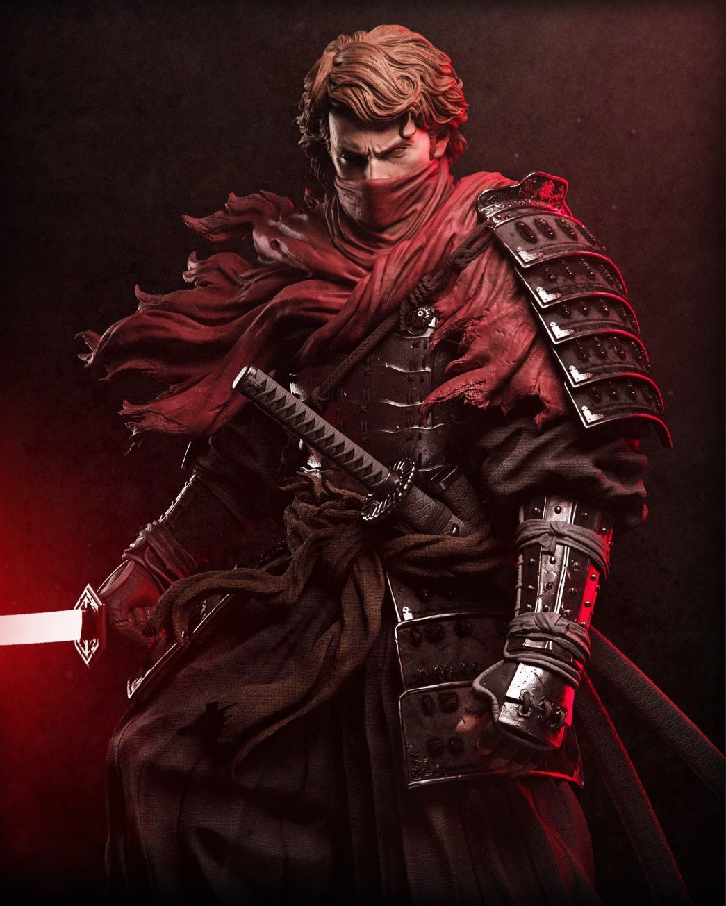 Anakin Ronin statue close-up of the face, crimson scarf and samurai armor - 3D2Y Shop
