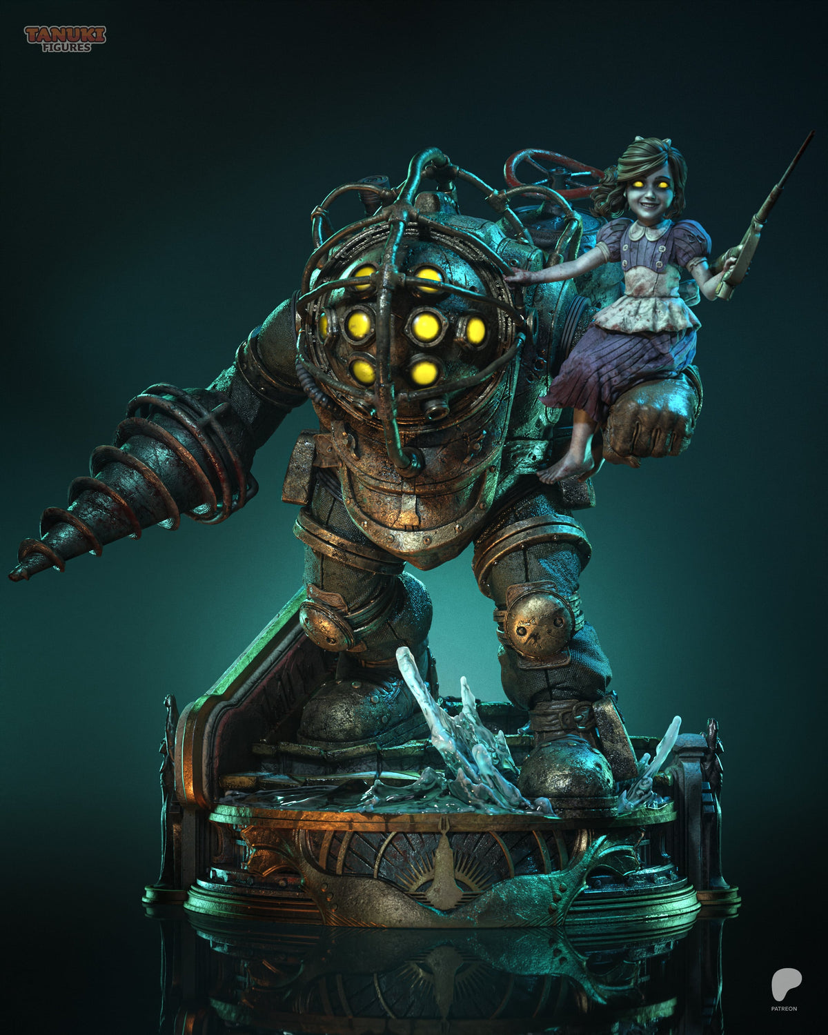 Big Daddy y Little Sister BioShock figura de resina pintada a mano - render 1 - 3D2Y Shop