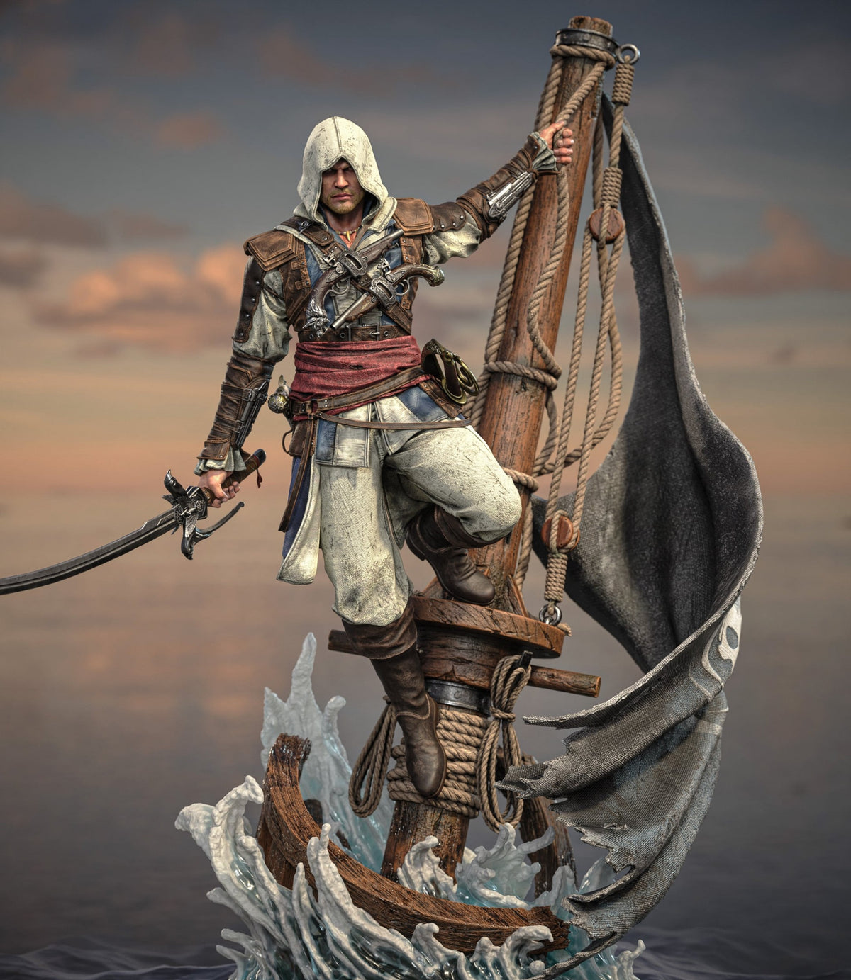 Edward Kenway Assassin's Creed resin statue, front view climbing a ship mast above crashing waves - 3D2Y Shop
