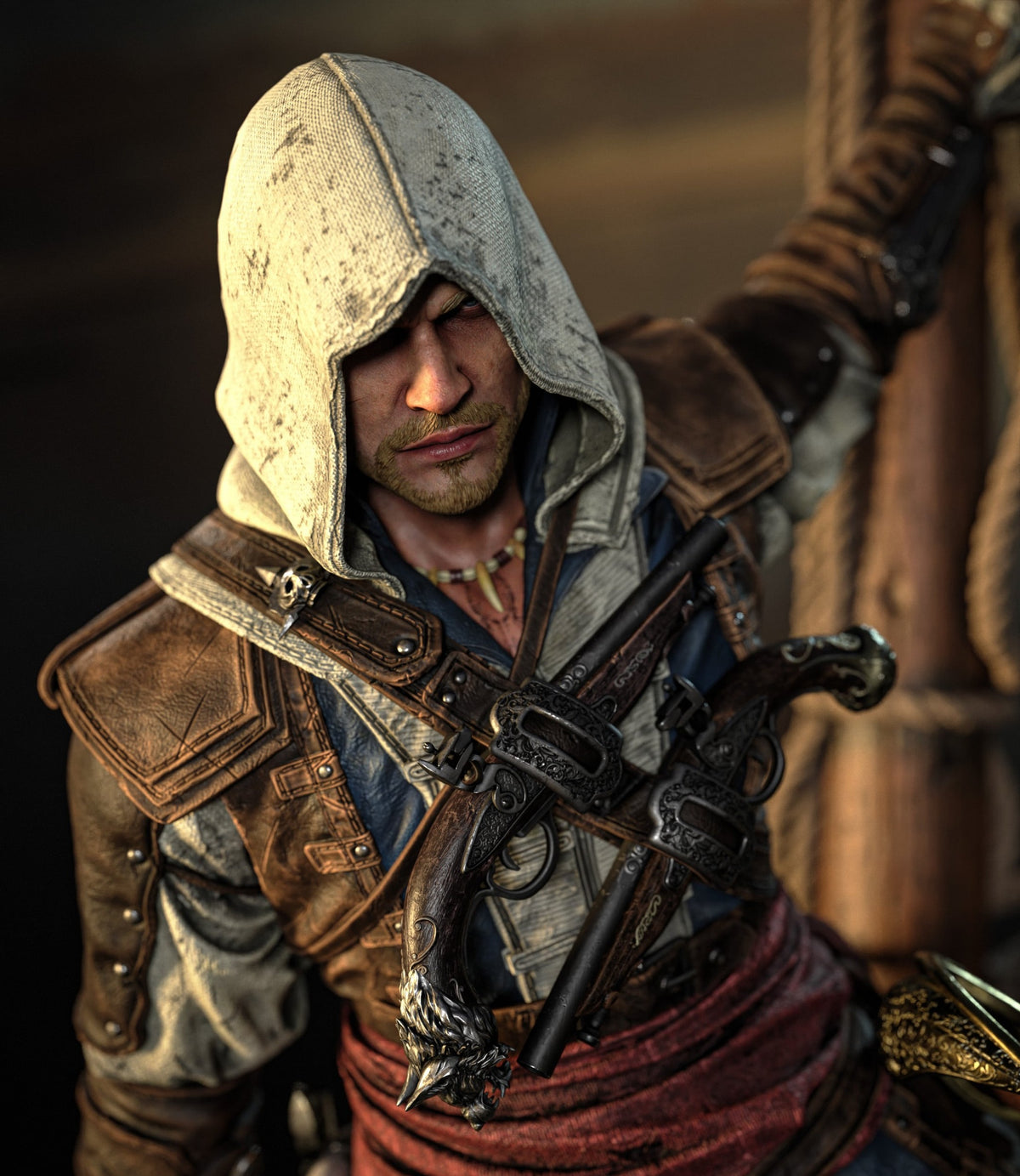 Edward Kenway Assassin's Creed statue close-up of the white hood, face and leather harness with pistols - 3D2Y Shop