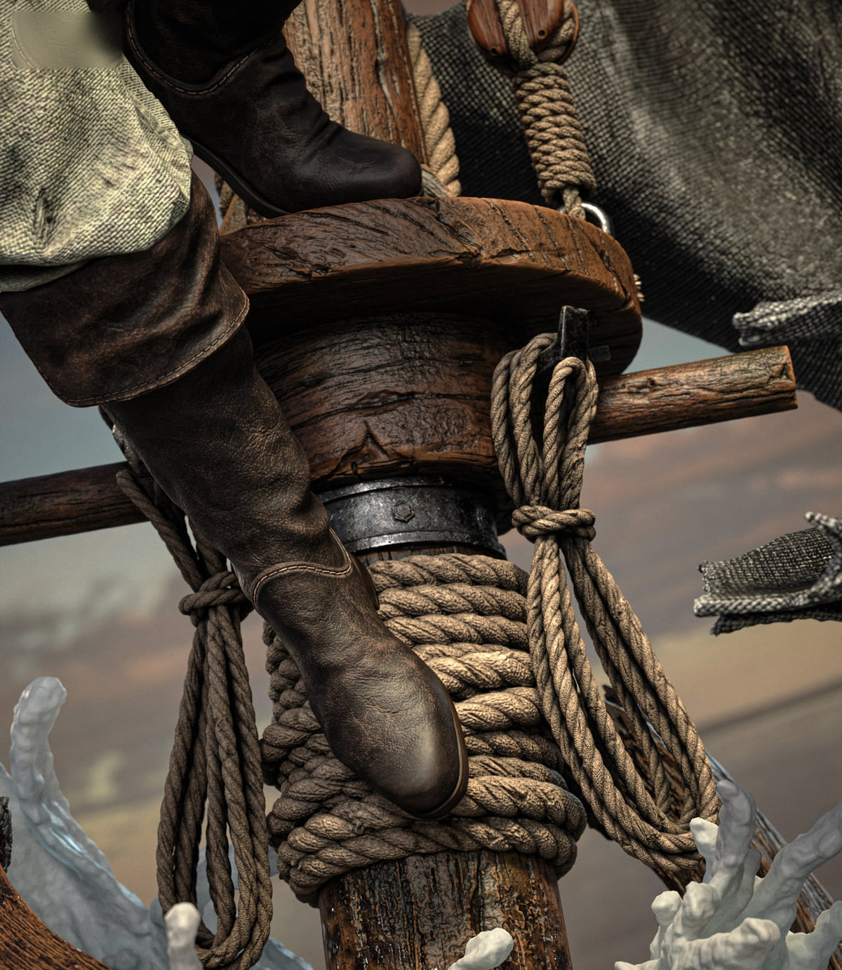 Edward Kenway Assassin's Creed statue detail of the boot on the mast with coiled ropes and rigging - 3D2Y Shop