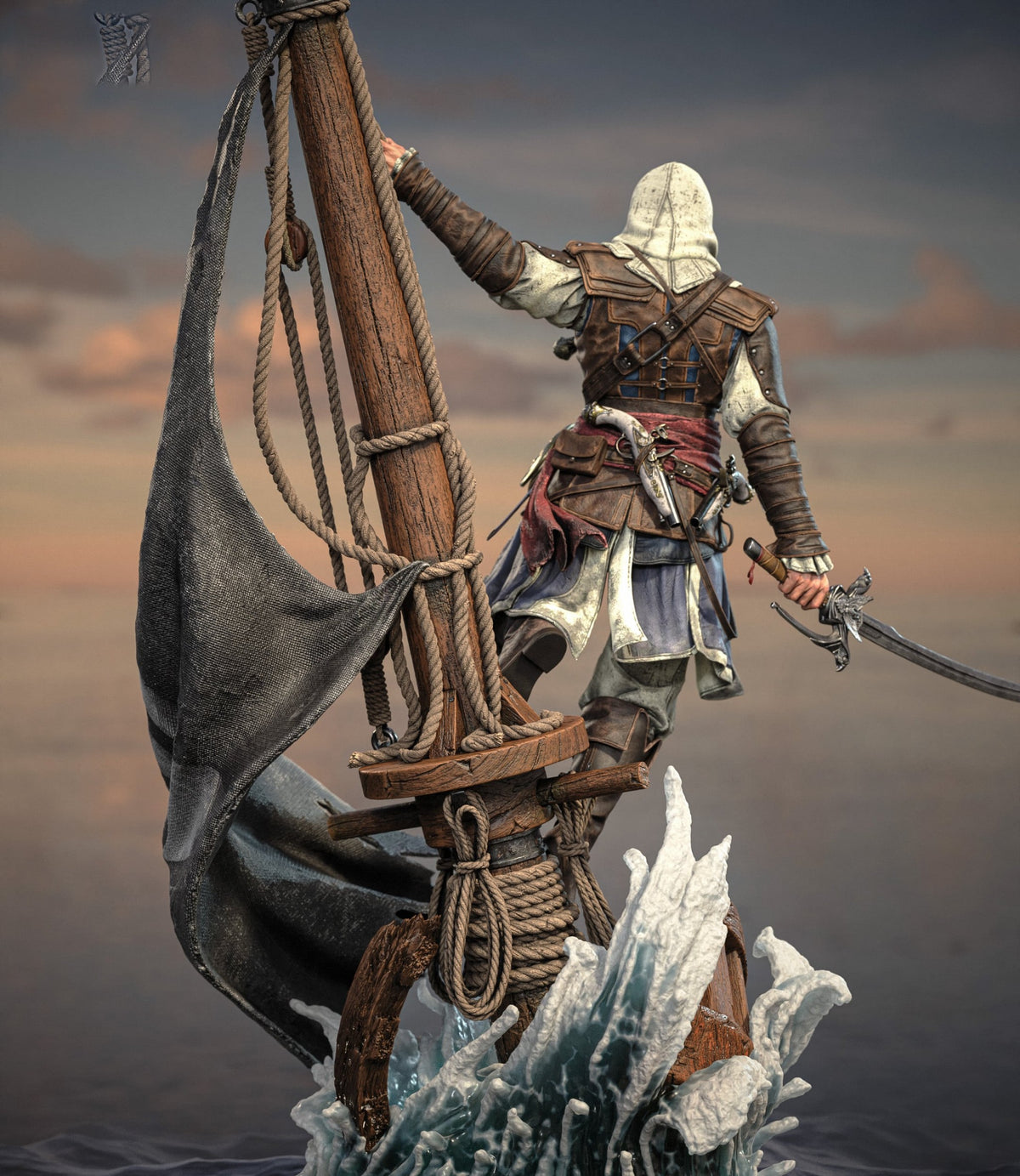 Edward Kenway Assassin's Creed resin statue back view climbing the mast with torn sail - 3D2Y Shop