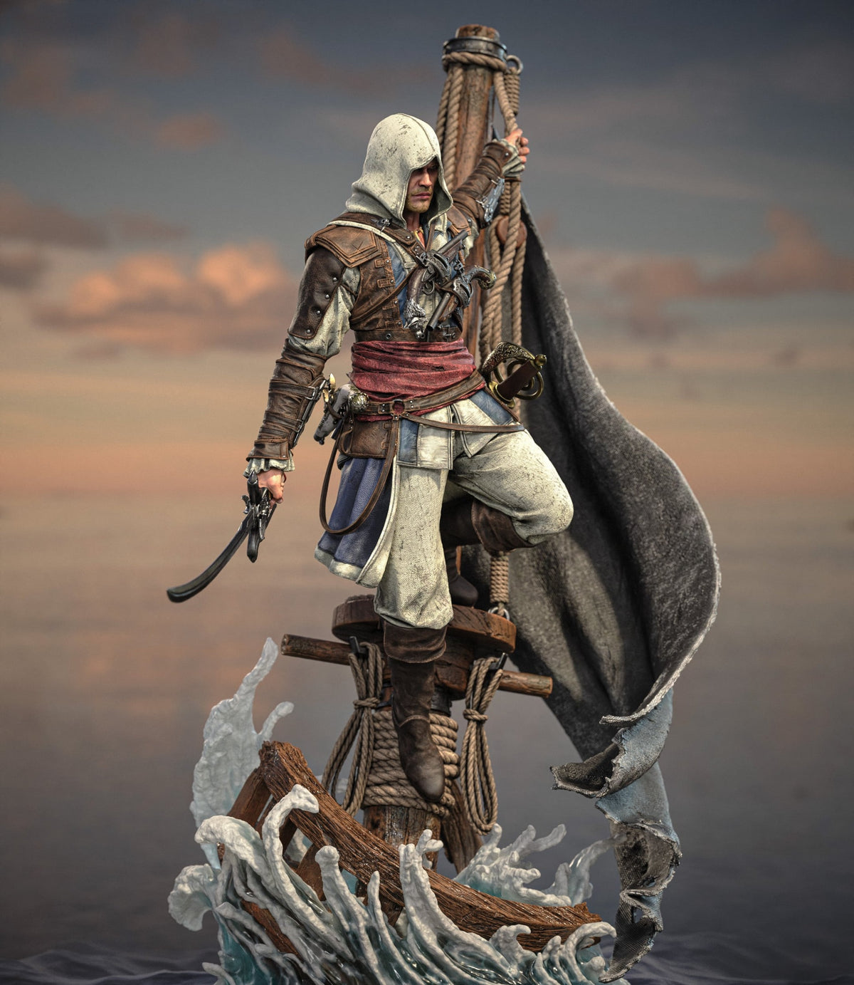 Edward Kenway Assassin's Creed Black Flag statue, three-quarter view on the mast above the boat and waves - 3D2Y Shop