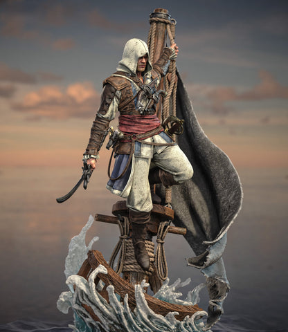 Edward Kenway Assassin's Creed Black Flag statue, three-quarter view on the mast above the boat and waves - 3D2Y Shop