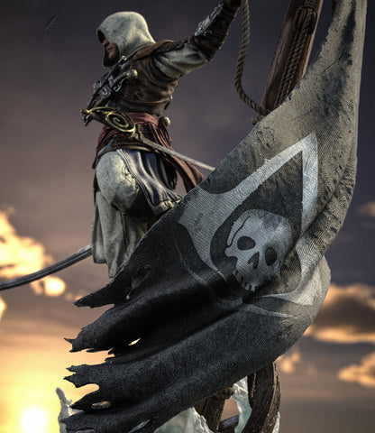 Edward Kenway Assassin's Creed statue low-angle view with the torn black skull flag at sunset - 3D2Y Shop