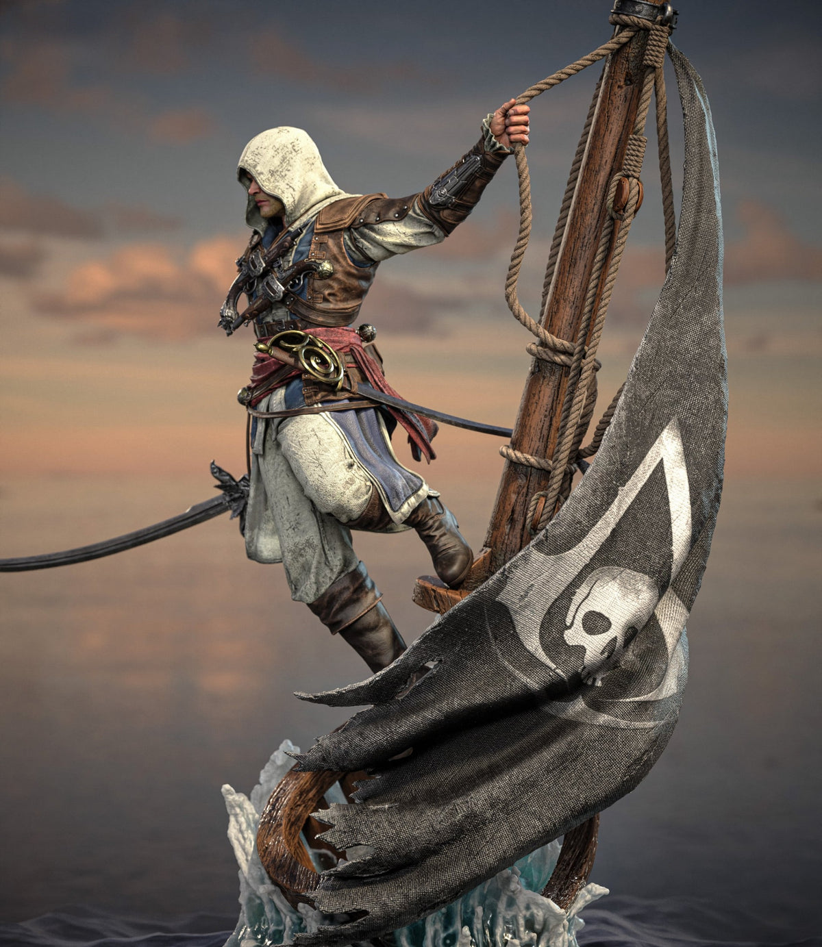 Edward Kenway Assassin's Creed resin statue side view climbing the rope with the skull flag - 3D2Y Shop