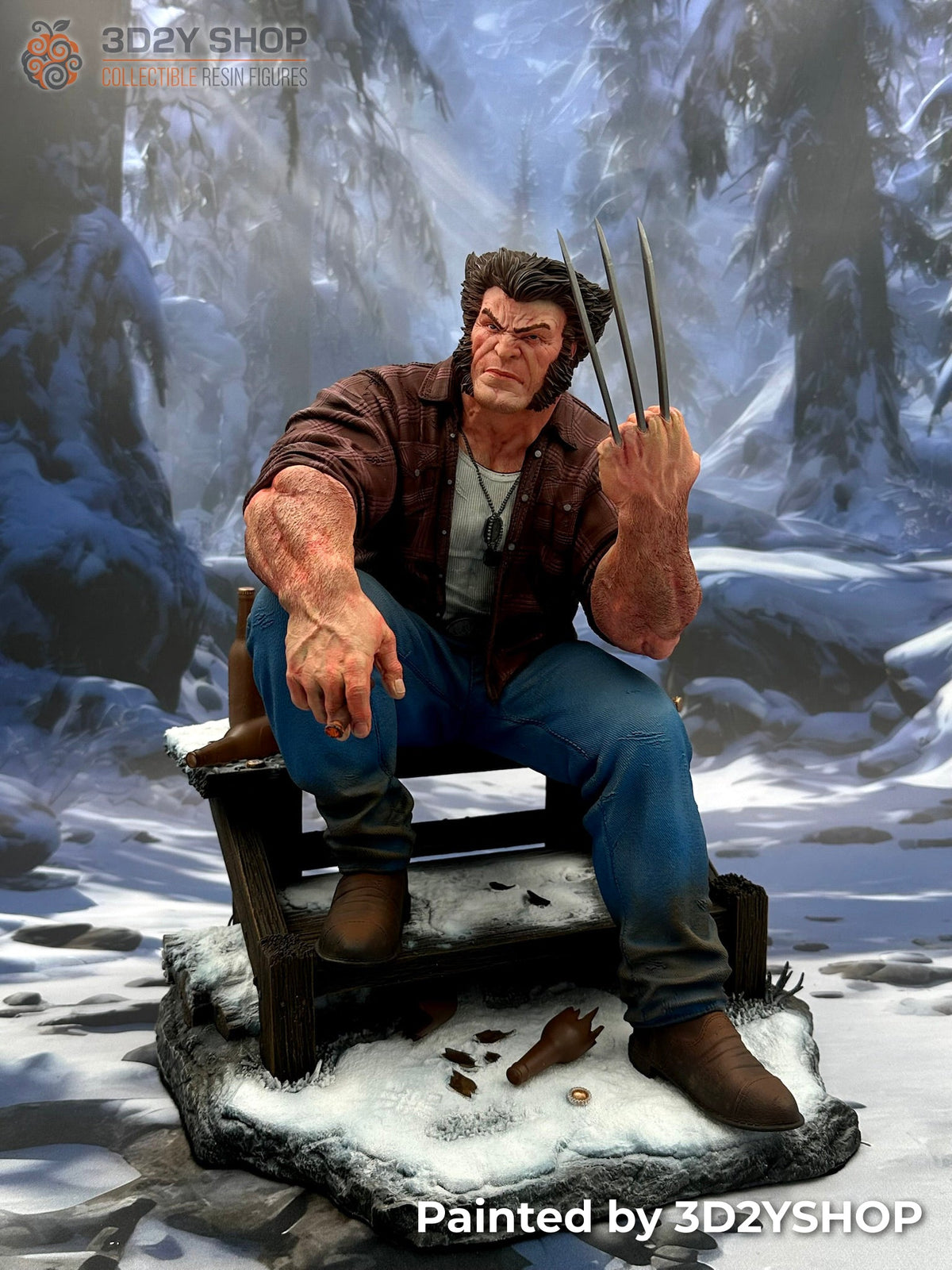 Figura de Logan pintada a mano sentado en un banco de madera sobre base nevada – 3D2Y Shop