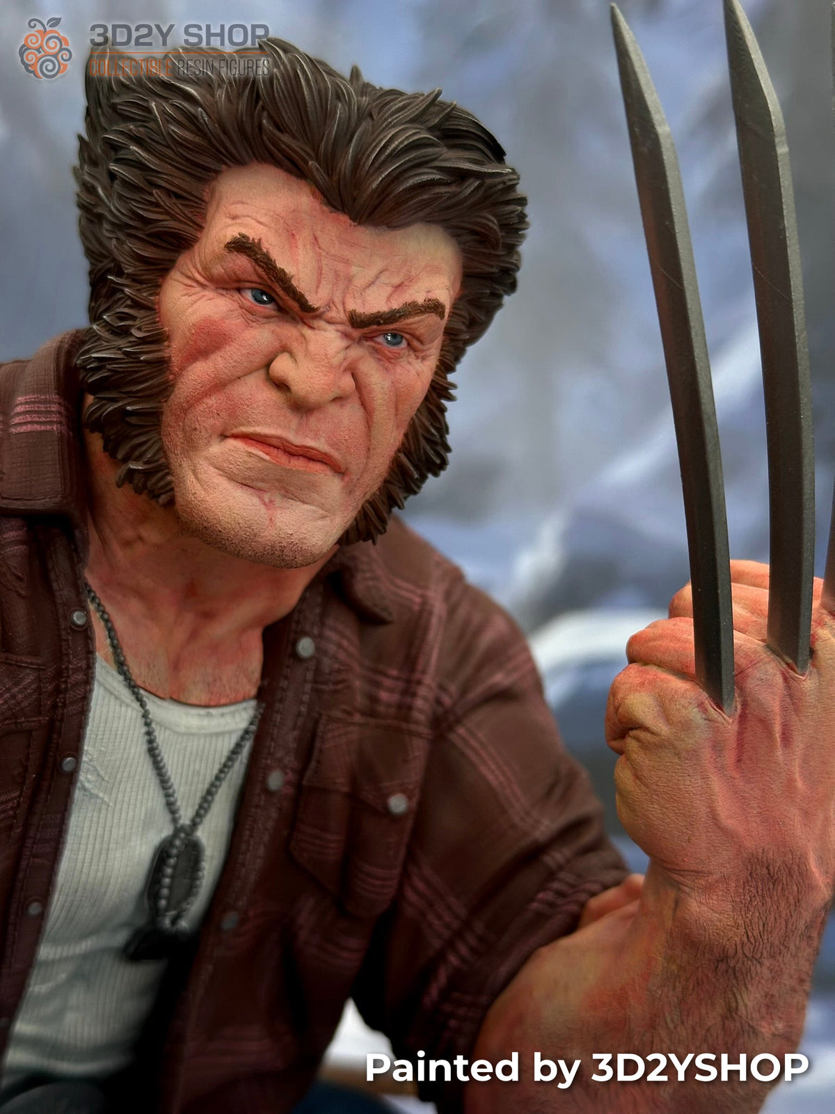 Detalle del rostro y las garras de la figura de Logan pintada a mano – 3D2Y Shop