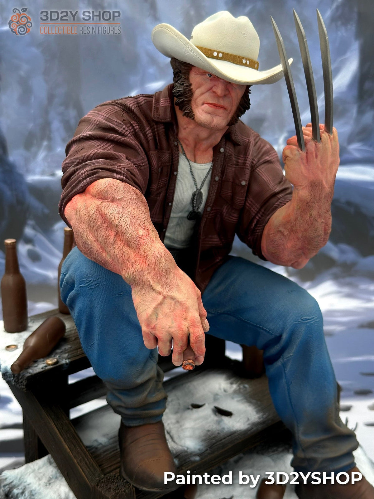 Figura de Logan pintada a mano con sombrero vaquero sentado en banco nevado – 3D2Y Shop