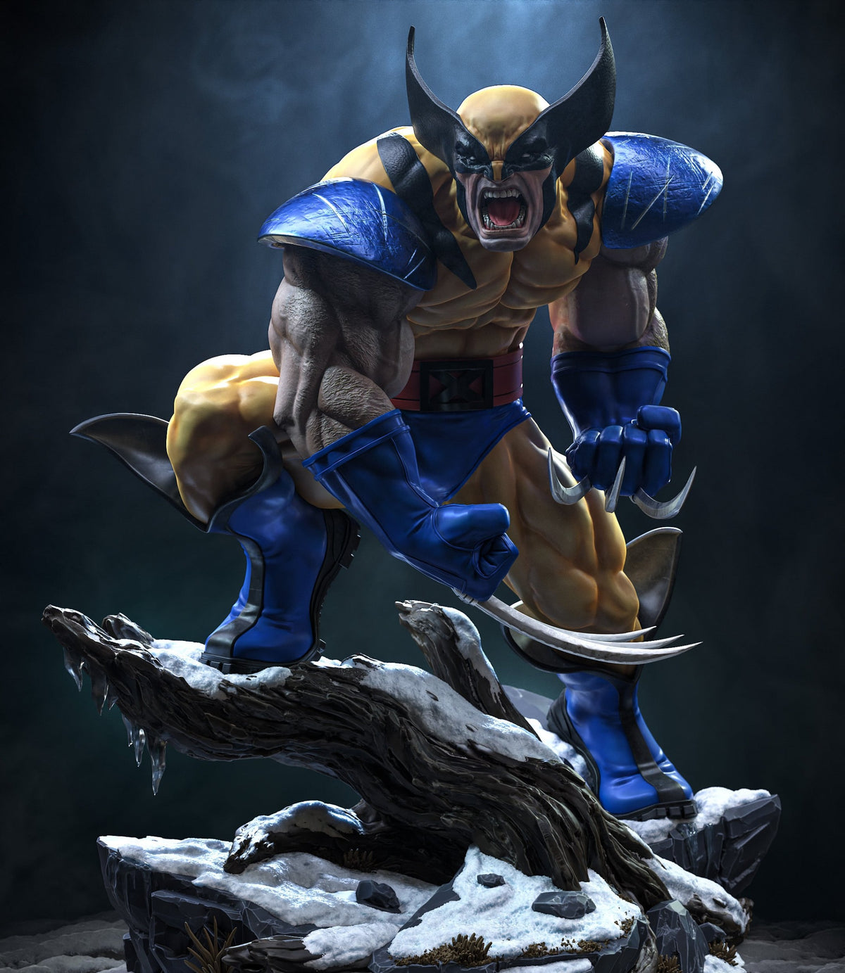 Wolverine X-Men resin statue, front view lunging with claws out on a snowy tree trunk - 3D2Y Shop