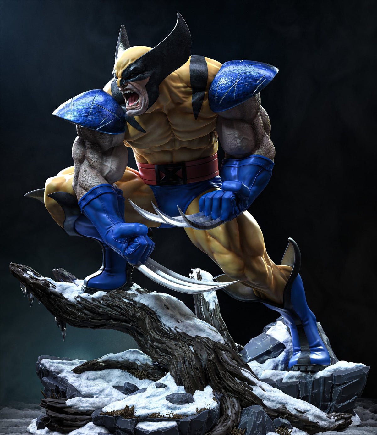 Wolverine X-Men statue, three-quarter view with scratched blue shoulder pads and claws - 3D2Y Shop