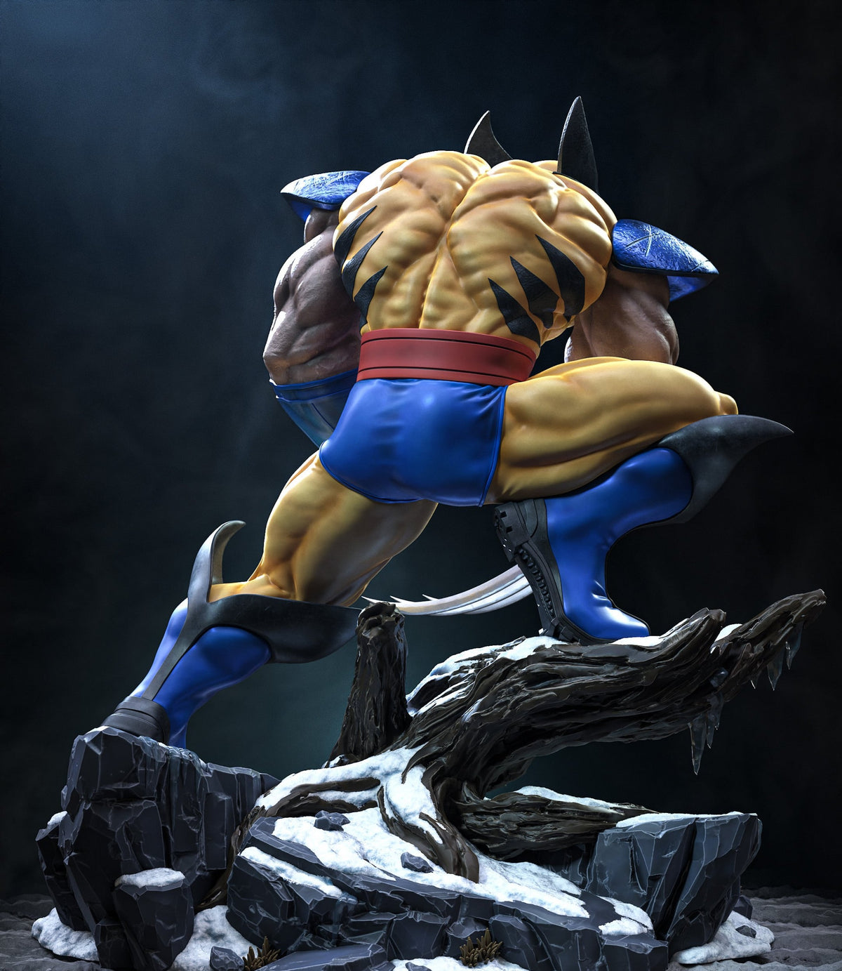 Wolverine X-Men resin statue back view on frozen rocky base - 3D2Y Shop