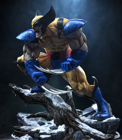 Wolverine X-Men resin statue side view lunging over a fallen snowy trunk - 3D2Y Shop